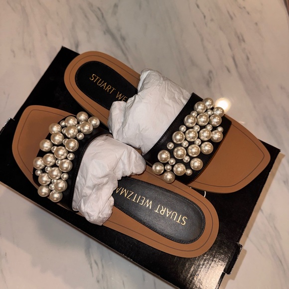 Stuart Weitzman Black Pearl-Embellished Slide Mules SIZE 9 - Picture 2 of 6